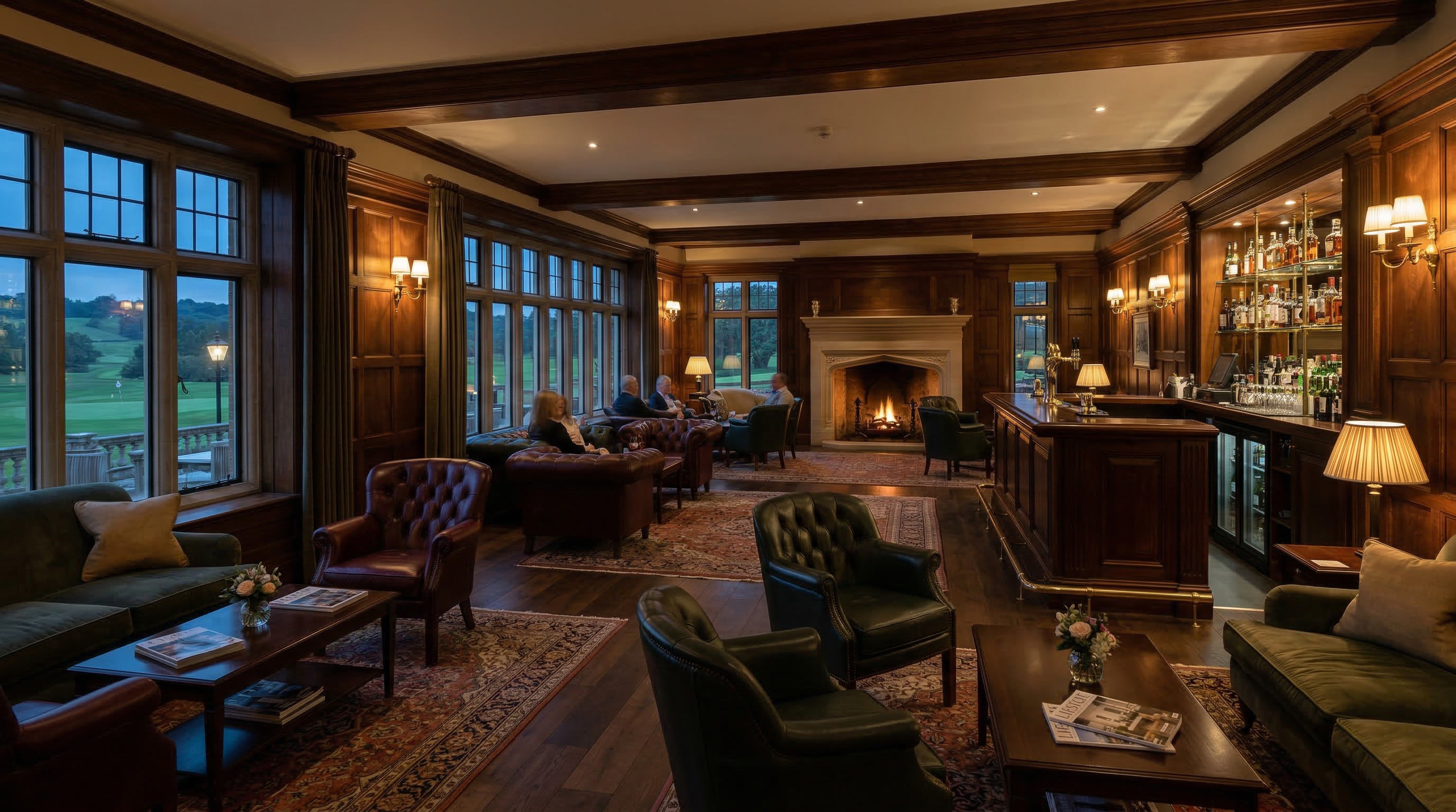 The evening bar and lounge with fireplace