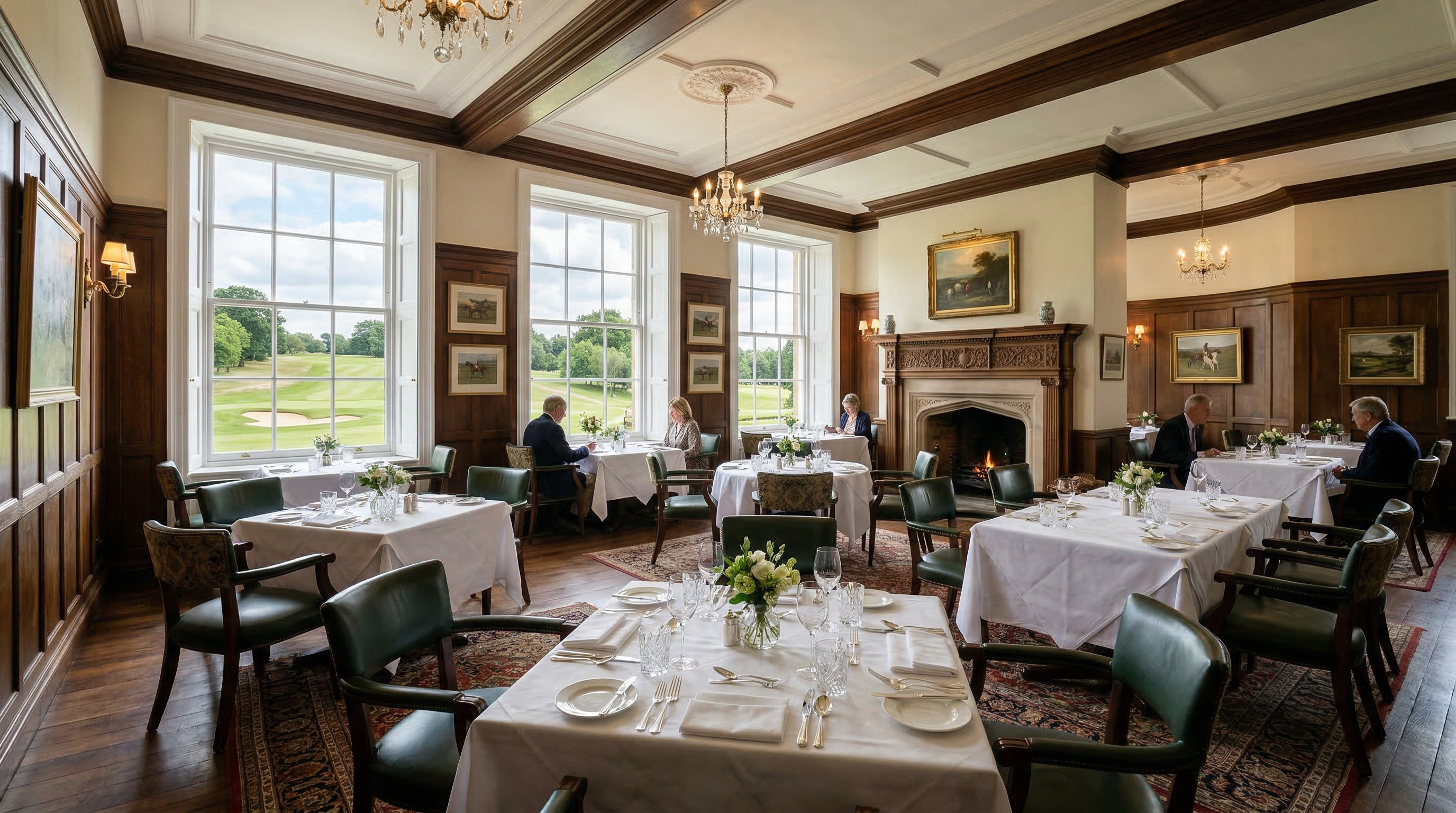 Elegant dining room with course views through tall windows