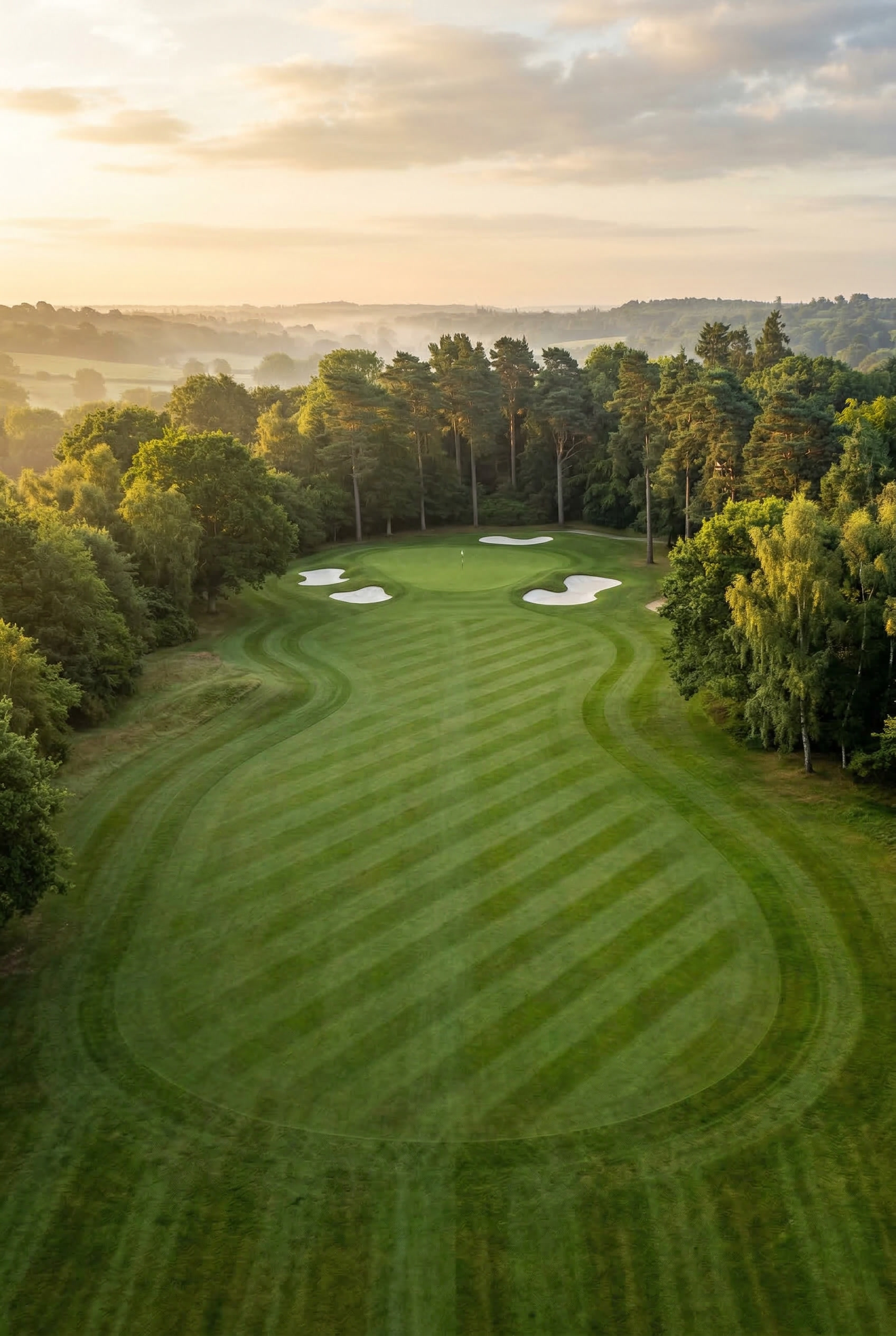 Aerial view of a fairway lined with mature pines and sculpted bunkers