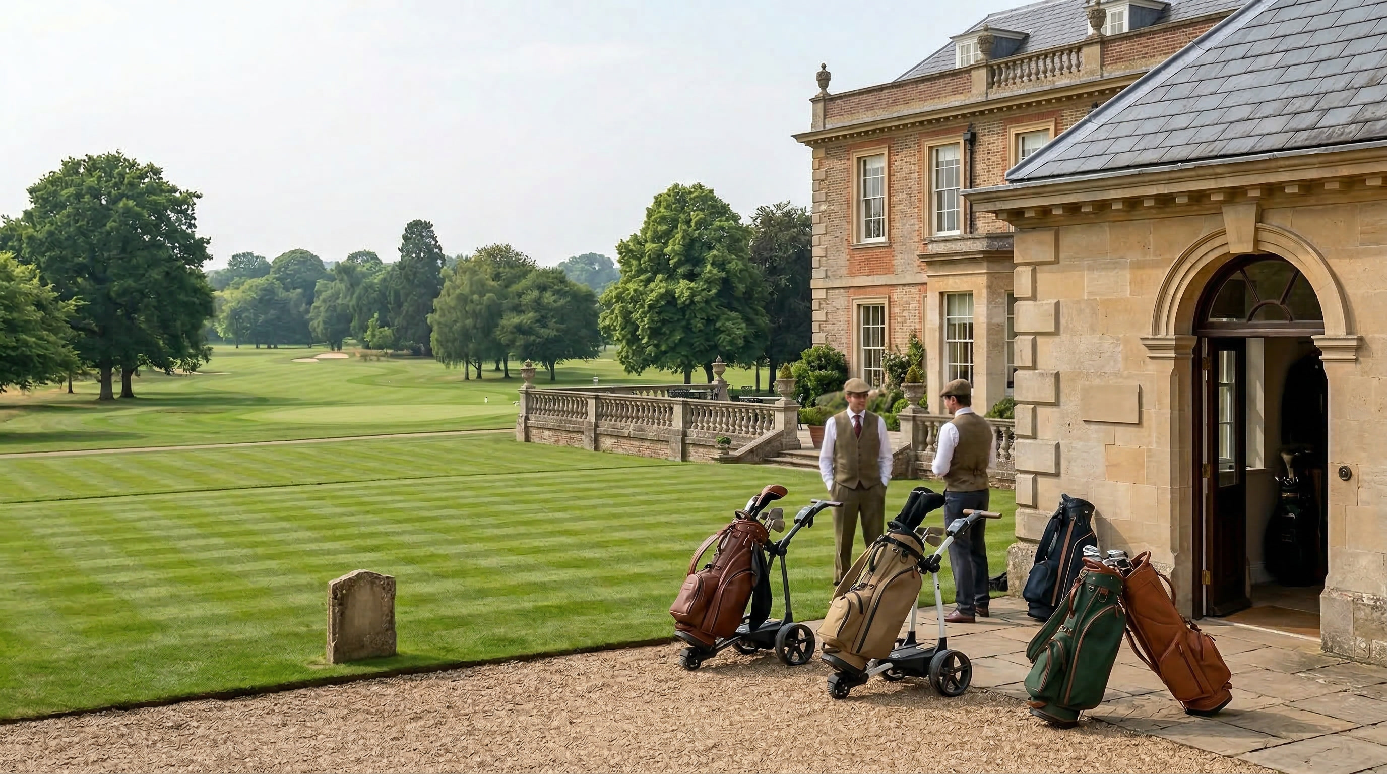 Golf bags at the clubhouse entrance with fairway views beyond