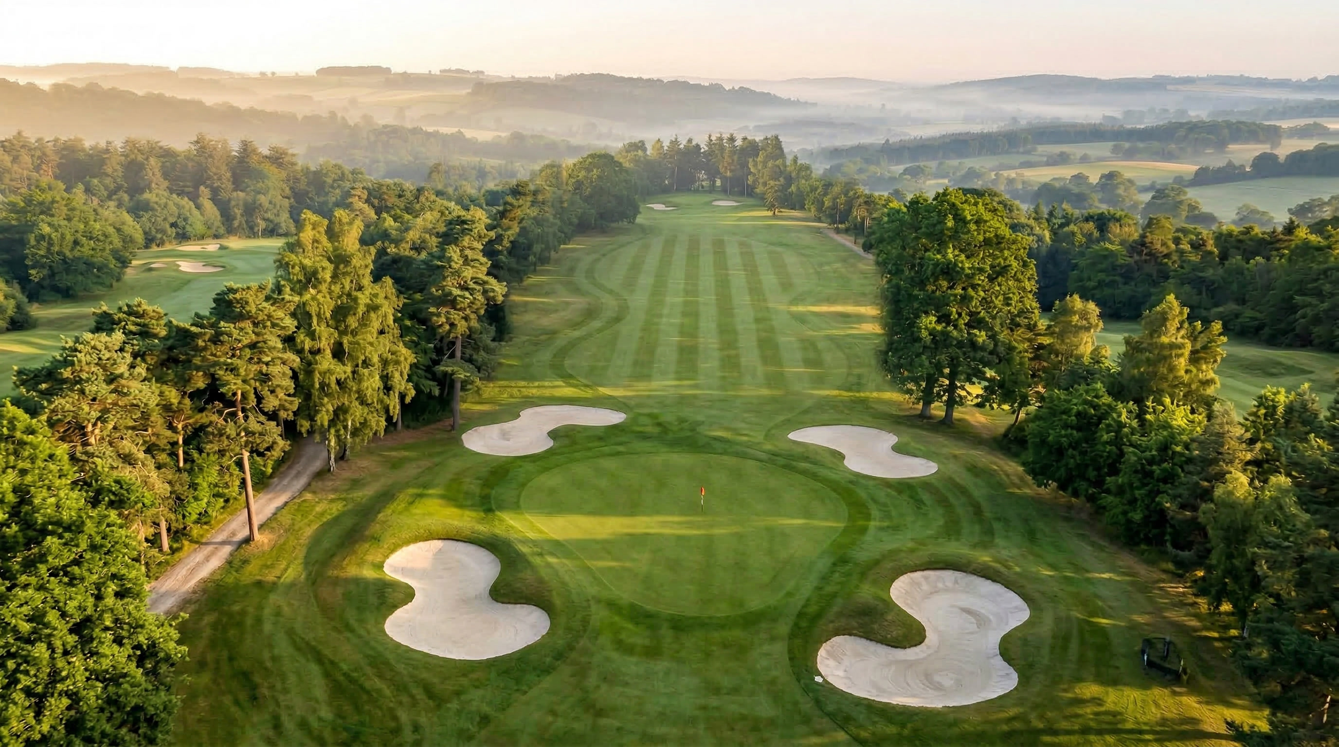 Aerial view of the 7th hole with sculpted bunkering and rolling Surrey hills