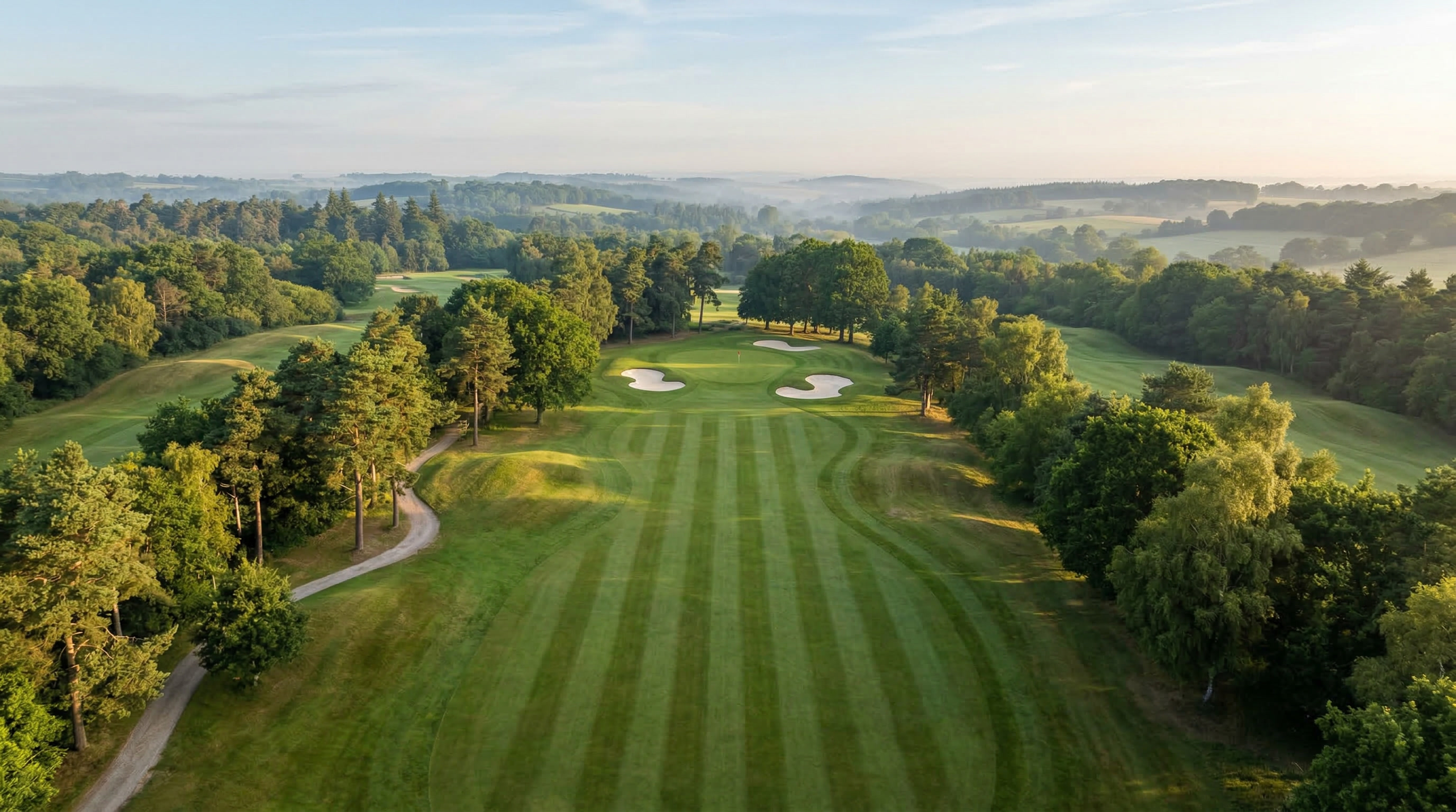 Aerial view of a parkland fairway winding through mature trees