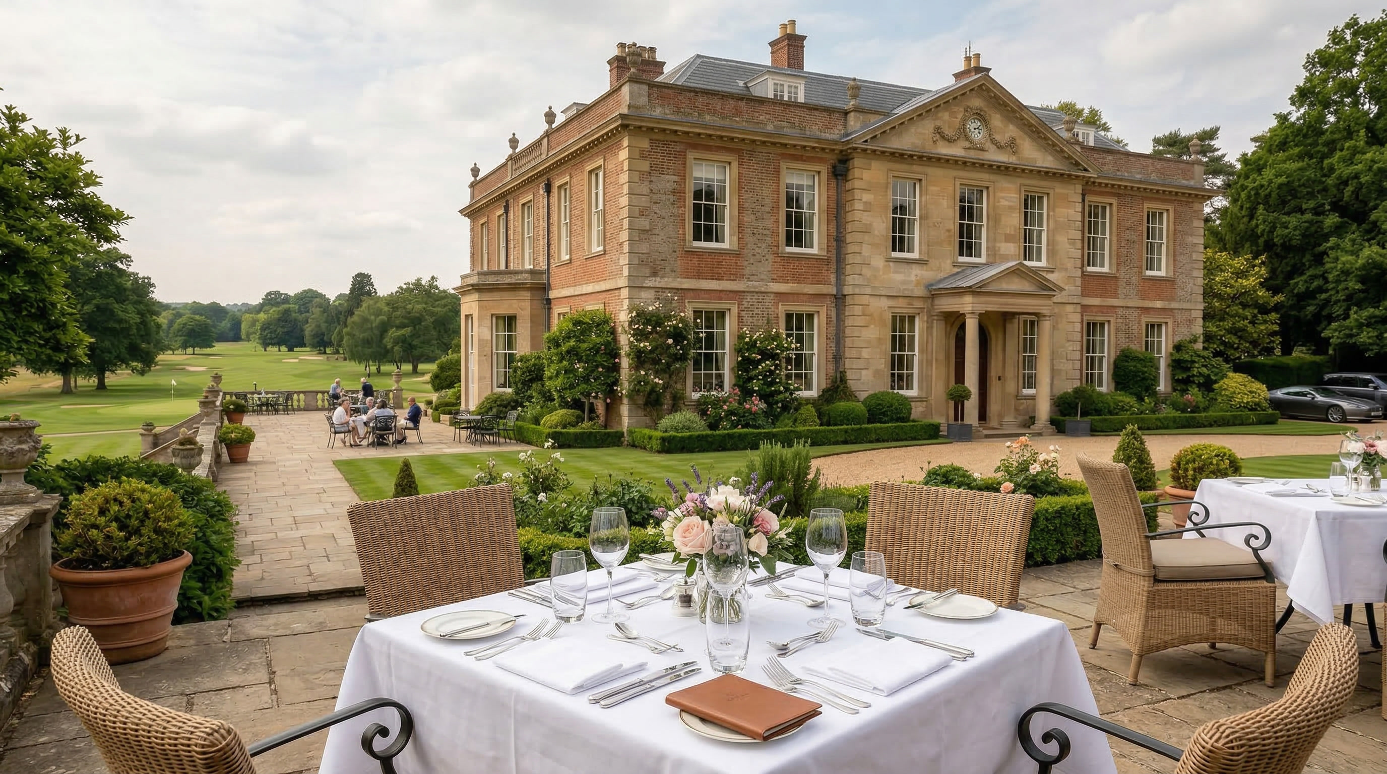 Terrace dining with views of the clubhouse and course